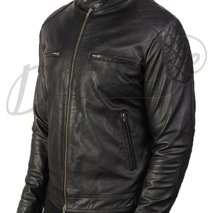 Veste de motard en cuir noir pour homme, matelassée en losanges, en véritable peau de mouton, coupe ajustée, pour l'automne et l'hiver - Product Image 3
