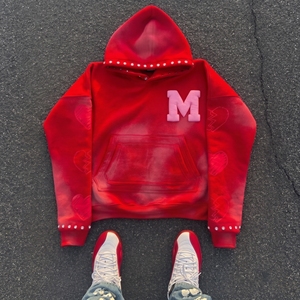 <b>Red</b> Unisex Hoodie Sun Faded Puff Print logo Rhinestone Trim Oversized Streetwear <b>Sweatshirt</b> - Product Image 1