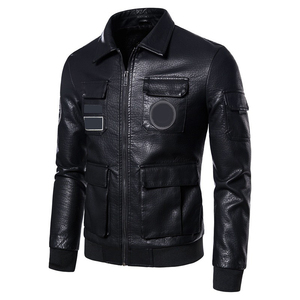 Custom Men's Black PU Leather <b>Jacket</b> Moto Biker Style Turn-down Collar <b>Zipper</b> Closure Multiple <b>Pockets</b> Autumn Wear For Unisex - Product Image 5