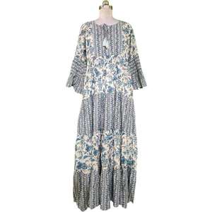 เดรสยาวพิมพ์ลายบล็อกสำหรับผู้หญิง ผ้าฝ้าย พิมพ์ลาย ทรงหลวม สไตล์โบโฮ ขายส่ง คอกลม ชุดลำลอง - Product Image 3