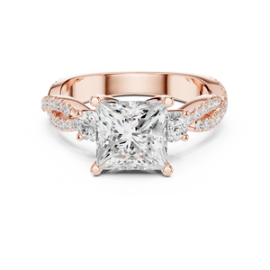 Bague de fiançailles en or rose avec diamant de laboratoire taille princesse, pavé torsadé, trois pierres, pour femme - Product Image 5