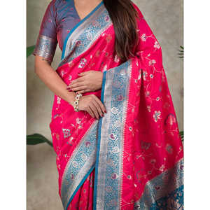 ผ้าไหมทอสีชมพูแบบ Banarasi Jaal Zari สำหรับทำชุดส่าหรี  เสื้อผ้าอินเดียและปากีสถาน  งานทอระดับพรีเมียม  650 กรัม - Product Image 1