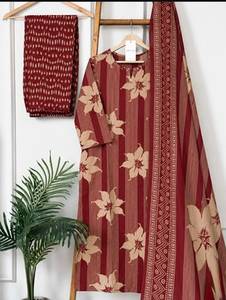 Floral Stripe Printed <b>Kurta</b> Pant Set With Dupatta Cotton Blend Indian Pakistani <b>Women</b> Top Outfit - Product Image 5