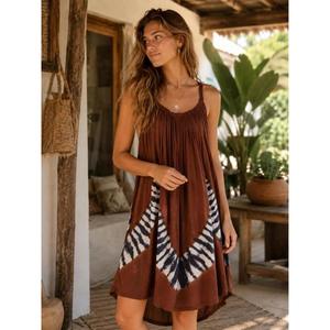 Vestido de Verano Boho Tie Dye Hecho a Mano de Alta Calidad, Color Marrón Óxido, Corte Asimétrico, Sin Mangas, para Vacaciones, Precio al por Mayor - Product Image 3
