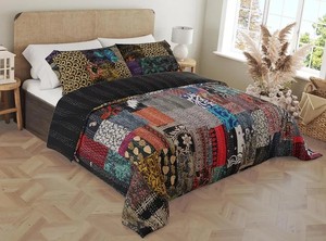 Indian Vintage Patchwork Kantha <b>Bed</b> Cover Handmade Patola Silk Cotton Filled All-Season Bohemian Bedding <b>Throw</b> From Rajasthan - Product Image 6