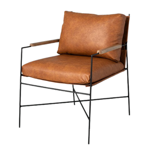 Fauteuil d'appoint moderne en cuir PU marron avec siège rembourré, accoudoirs en bois, structure en métal noir, chaise longue contemporaine - Product Image 1