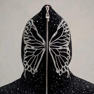 DRIFTWEAR IMPEX Survêtement tricoté surdimensionné à imprimé papillon en relief - Hoodie zippé streetwear hip-hop orné de strass et joggers superposés - Product Image 3