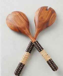 Modern Wooden Salad Servers Set With Woven Handles Bohemian Style Eco Friendly Flatware For <b>Kitchen</b> Use <b>Camping</b> And Hotel Use - Product Image 2