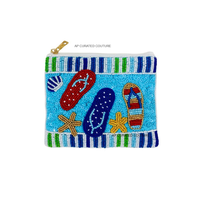Porte-monnaie miniature fait main en perles de rocaille, écologique et durable, motif coquillage hippocampe et crabe, pochette zippée, thème plage estival personnalisé