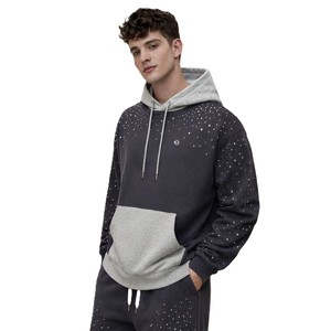 Luxury Rhinestone Scatter Relaxed Fit Hoodies Heavy Cotton Thick Fleece Streetwear Contrast Panel <b>Pullover</b> Custom Logo Wholesale - Product Image 4