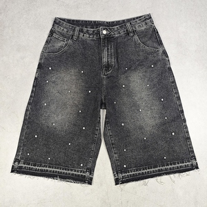 Pantalones Cortos Vaqueros Personalizados 100% Algodón para Hombre, Estilo Urbano, Holgados, Vintage, Lavados, con Pedrería - Product Image 5