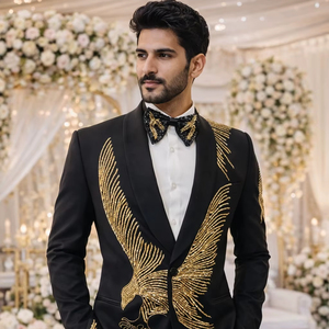Costume brodé noir et or pour homme Costume de mariage élégant pour marié Tuxedo Prom Blazer Set - Product Image 1