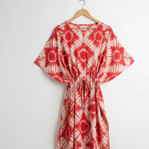 ผ้าคัฟตันโบฮีเมียนคุณภาพสูง เป็นมิตรกับสิ่งแวดล้อม ผ้าฝ้ายแท้ 100% ลายมัดย้อม แต่งลูกไม้ ความยาวแบบแม็กซี่ เอวยางยืด แขนทรงโดลมัน คอวี - Product Image 1