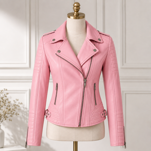 Chaqueta de Motociclista de Cuero Sintético Rosa para Mujer KP International, Cierre de Cremallera, Cuello Alto, Estilo Otoñal - Product Image 4