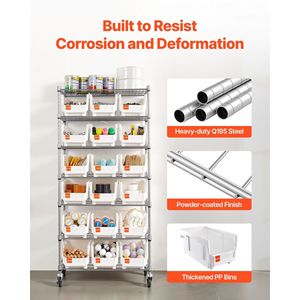 Organisateur à 18 niveaux, étagère de rangement à roulettes à 7 niveaux, système d'étagères en fil d'acier, roues, organisateur d'outils mobile pour garage, salle de classe - Product Image 6