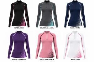 เสื้อแรชการ์ดแขนยาวผู้หญิงแบบซิป ¼ สีดำชมพูไล่เฉด พิมพ์ลายแบบ Sublimation แห้งเร็ว ผลิตจากผ้าสแปนเด็กซ์และโพลีเอสเตอร์ เหมาะสำหรับใส่ว่ายน้ำ - Product Image 6