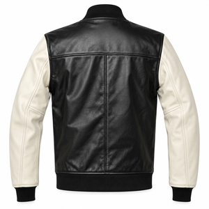 FURAT LEATHERS Blouson Moto Décontracté Homme en Cuir Noir Respirant Automne Col Montant Fermeture Éclair Manches à Rayures Blanches sur le Devant - Product Image 2