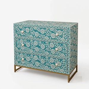 Table de Chevet Moderne en Os de Palme Floral, Vente en Gros Usine, Personnalisée, Vert Sarcelle, Commode à 3 Tiroirs, Luxe, Faite à la Main en Inde - Product Image 1