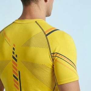 Men's Yellow Short Sleeve Compression Shirt Geometric Print Quick Dry Slim Fit Sporty O-Neck Knitted Polyester <b>Athletic</b> Top - Product Image 3
