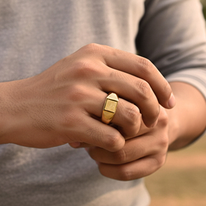 Grid Block <b>Men's</b> Gold <b>Ring</b> Premium Gold Plated Classic Rectangular Signet <b>Ring</b> for <b>Men</b> with Textured Square Center Designer <b>Ring</b> - Product Image 2