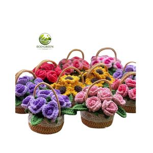 Handmade Crochet Flower <b>Basket</b> Cotton Potted Rose Sunflower Artificial Floral Decor for Desktop Living Room Wedding <b>Gift</b> - Product Image 3