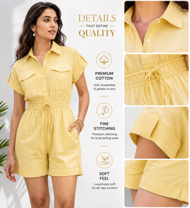 Combinaison courte en coton pour femme, style cargo, boutonnée, décontractée, d'été, avec poches, vêtements pour femmes - Product Image 3