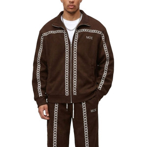 Premium Quality Brown Boxy Fit Hoodies sets Men Custom DTG <b>Chain</b> Print Raglan Sleeve Zip Up Jacket Wide Leg Jogging Pant Sets - Product Image 4