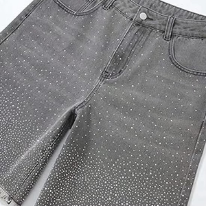 Shorts en jean taille haute pour homme, style streetwear décontracté, coupe courte, 100 % coton respirant, avec décoration en strass - Product Image 3