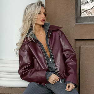 Blouson bomber en cuir PU écologique pour femme, couleur unie, fermeture éclair sur le devant, col rabattu, manches longues, longueur courte, automne-hiver - Product Image 2