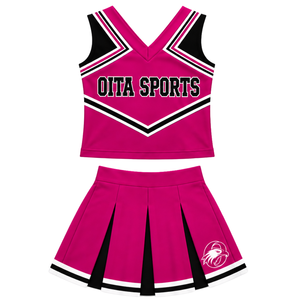 Uniforme de cheerleading rose vif, noir et blanc, sans manches, col en V, haut court, jupe plissée, tenue de danse pour équipe de cheerleading - Product Image 1