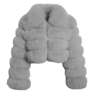 Veste Courte en Fausse Fourrure Synthétique de Luxe pour Femme, Grise Chic à Panneaux Horizontaux, Zippée, Manteau d'Hiver Premium - Product Image 2