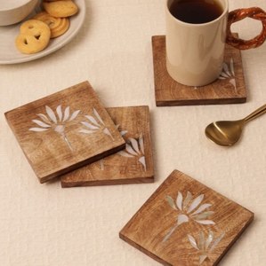 Ensemble de sous-verres en bois au design créatif avec incrustation florale en nacre, résistants à la chaleur, napperons et dessous de plat modernes - Product Image 1