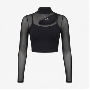 Haut court à col roulé à manches longues avec empiècements en maille transparente, dos nageur, noir uni, en Spandex et Polyester, pour le yoga et les vêtements de sport pour femmes - Product Image 1