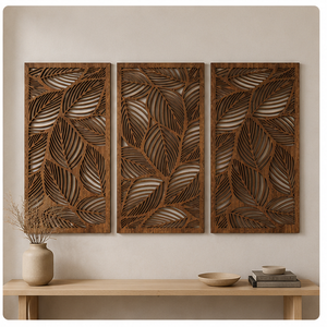 Décoration murale en bois bohème, motif feuillage, rectangle, fait main, grande taille, décoration intérieure - Product Image 1
