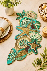 Handmade Bohemian <b>Table</b> <b>Runner</b> Irregular Shape Bamboo Mats With Shell Starfish Design Decorative Placemat - Product Image 3