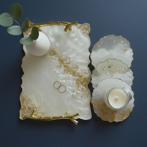 ถาดเรซินทำมือ | จีโอดอีพ็อกซี่ตกแต่งบ้านชุดเสิร์ฟทองคำเปลว - Product Image 1