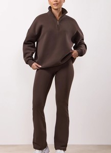 Conjunto de Sudadera de Media Cremallera para Mujer, Color Liso, Manga Larga, Ajuste Holgado, Transpirable, Chándal Casual de Otoño, Pantalones Jogger de Algodón y Spandex - Product Image 4