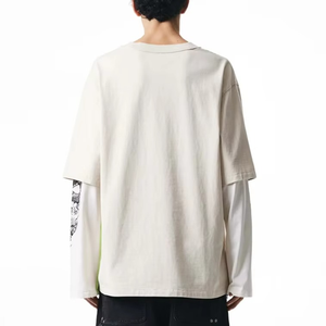 เสื้อยืดแขนสองชั้นทรงโอเวอร์ไซส์สำหรับผู้ชาย พิมพ์ลายมังกร แต่งขอบตัดกัน คอกลม สไตล์สตรีท ผลิตจากผ้าเจอร์ซีย์คอตตอน 100% - Product Image 4
