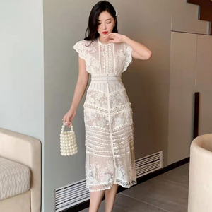 Vestido de Mujer con Logotipo Personalizado, Moda de Primavera y Otoño, Manga Larga, Color Sólido, con Encaje Calado, Vestidos Elegantes para Damas - Product Image 1