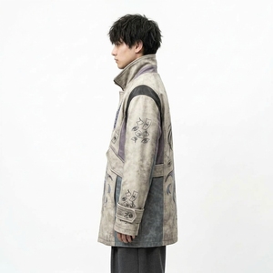 <b>Mens</b> Distressed Vintage <b>Long</b> Leather <b>Coat</b> Anime Spirit Graphic Stand Collar Windbreaker Harajuku Streetwear Outerwear - Product Image 4
