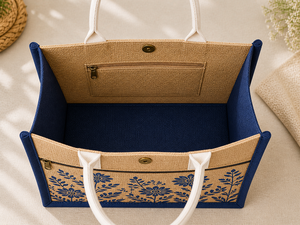 Sac fourre-tout en jute laminé personnalisé avec fermeture à bouton, écologique, réutilisable, imprimé floral, poignée en coton, pour exposition et mariage - Product Image 4
