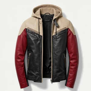 Chaqueta de cuero con bloques de color, chaqueta urbana con capucha, abrigo urbano para hombre, rojo, negro, beige, ropa exterior de cuero genuino a la moda para hombre - Product Image 1