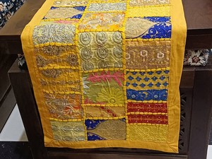 Yellow Patchwork Table Runner Embroidered Cotton <b>Wall</b> <b>Decor</b> - Product Image 2