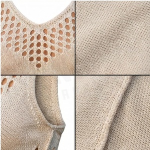 Women Knitted Hollow Out V Neck Tank Top Solid Color Stretchy Fit Regular Style Beige - Product Image 4