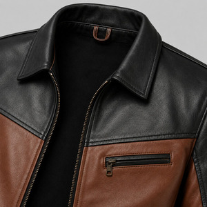 Blouson moto en cuir bicolore pour homme, marron et noir, fermeture éclair, col rabattable, coupe classique, style automne - Product Image 5