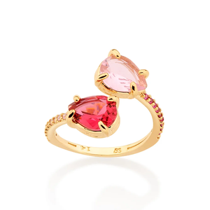 Bague en or 9 carats pour femme avec pierre précieuse, quartz rose en forme de poire, sertie à griffes, pierres roses et rouges, style glamour, bijoux à porter au quotidien - Product Image 1