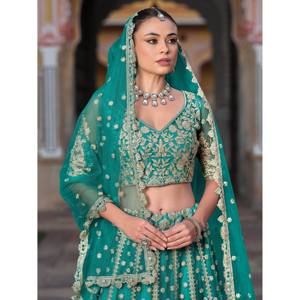 Teal Green <b>Sequins</b> Net Wedding Lehenga Choli Set with Dupatta for Women - Product Image 5