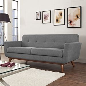 Modern Grey Fabric 3 Seater <b>Sofa</b> with Tufted Backrest and Solid Wood <b>Legs</b> - Product Image 1
