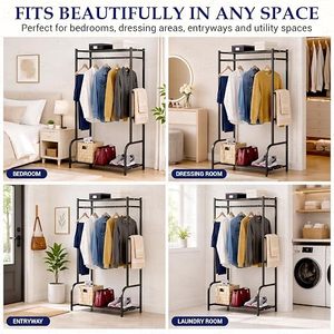 Minimalist Metal Clothing Rack With Double Tier Storage <b>Shelf</b> For Wardrobe Use <b>Standing</b> Type Multifunctional Design - Product Image 6