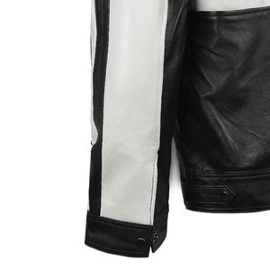 Blouson de moto en cuir véritable pour homme, noir et blanc, col rabattu, fermeture éclair, coupe classique, pour l'automne - Product Image 5